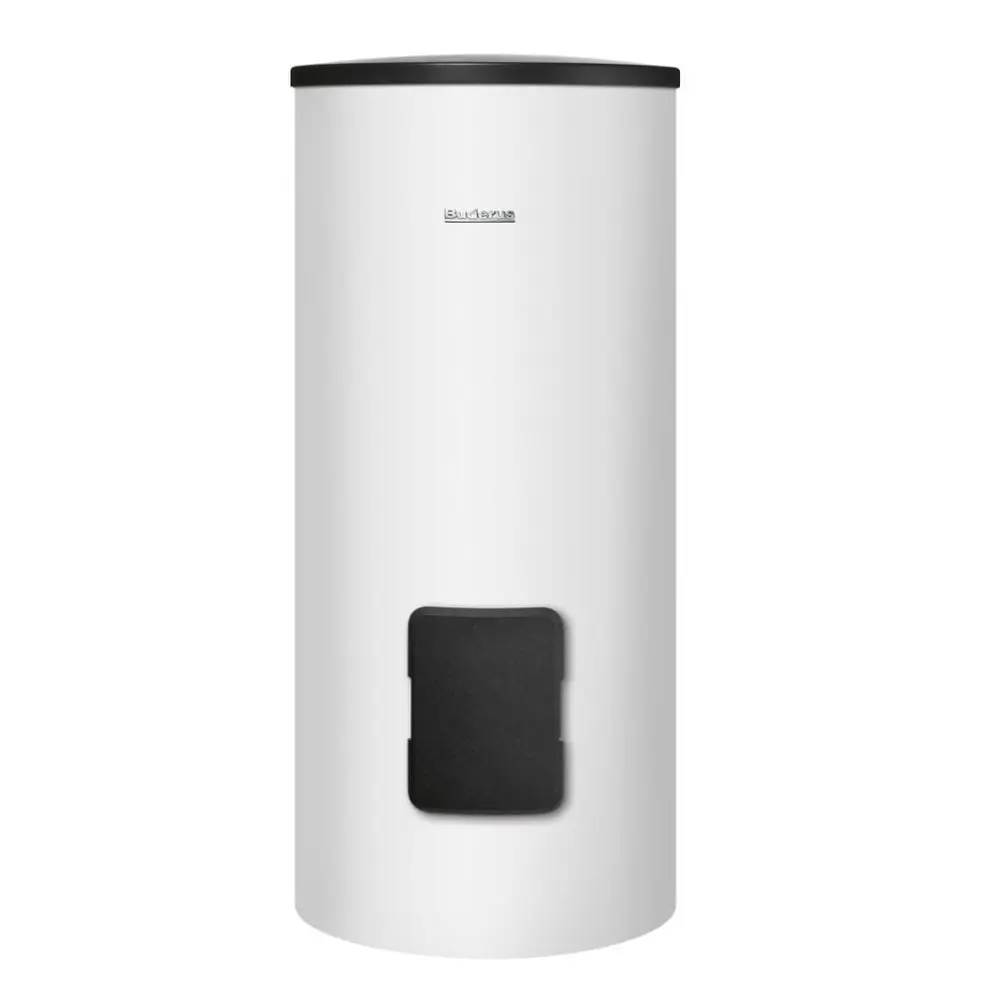 Buderus Warmwasserspeicher in zylindrischer Form, weiß, mit schwarzem Wärmetauscheranschluss, geeignet für ein Ladesystem, auf glattem Untergrund platziert.