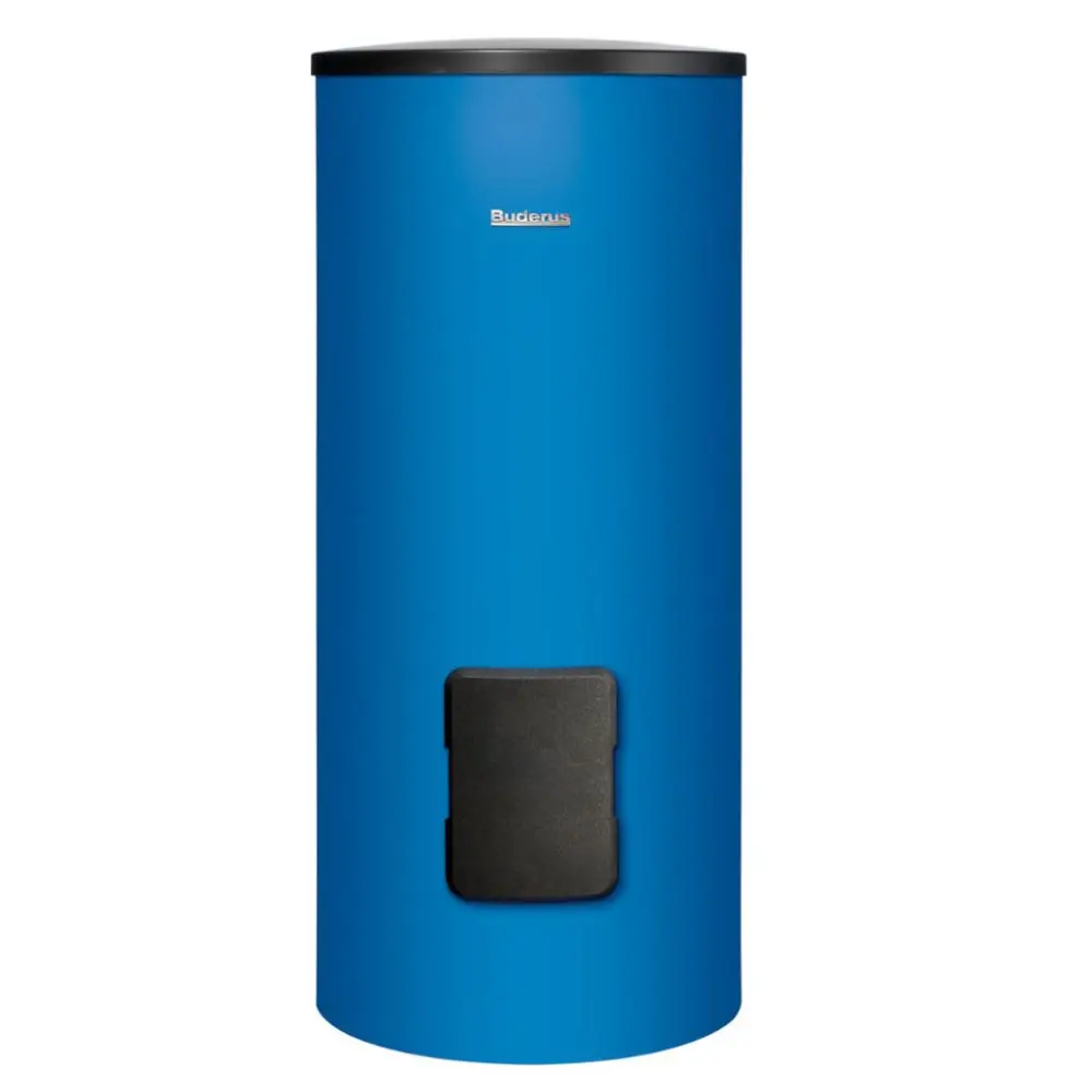 Buderus Warmwasserspeicher in blauer Farbe, zylindrische Form mit einem schwarzen Zugangsschacht auf der Vorderseite.