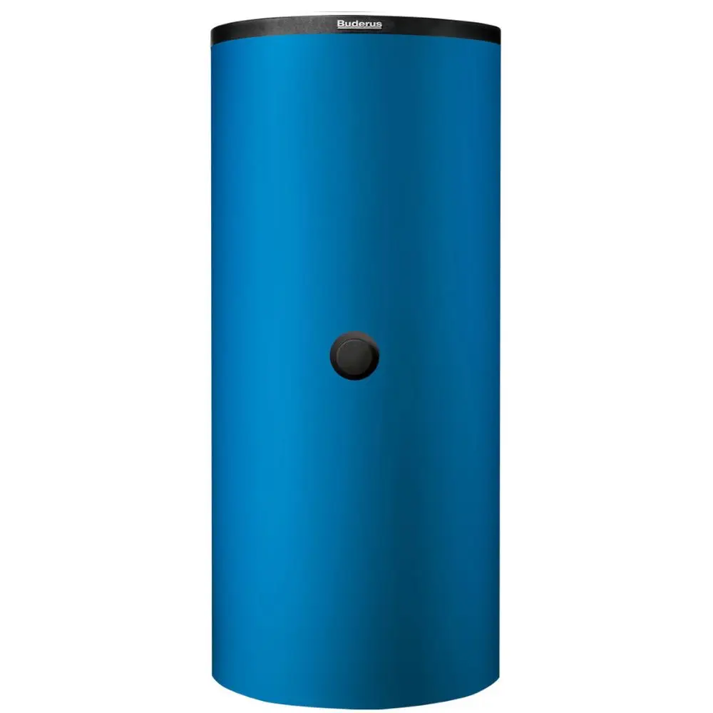 Buderus Pufferspeicher in blauer Ausführung, zylindrische Form mit zentraler schwarzer Einspeisung. Geeignet für Heizsysteme zur thermischen Energiespeicherung.