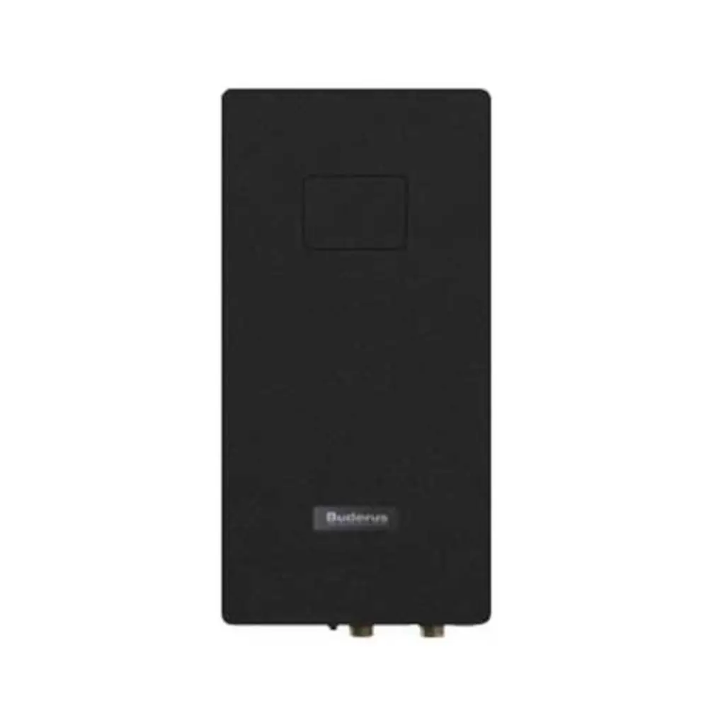 Schwarze Buderus Einheit mit minimalistischem Design, ausgestattet mit Anschlüssen an der Unterseite und einem kleinen Bedienelement auf der Vorderseite. Ideal für Heizungsinstallationen.
