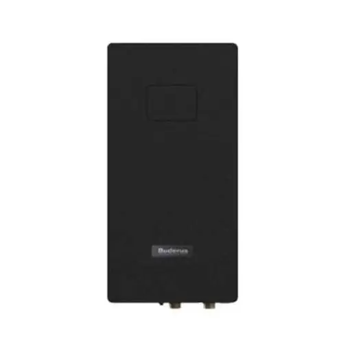 Schwarze Buderus Einheit mit minimalistischem Design, ausgestattet mit Anschlüssen an der Unterseite und einem kleinen Bedienelement auf der Vorderseite. Ideal für Heizungsinstallationen.