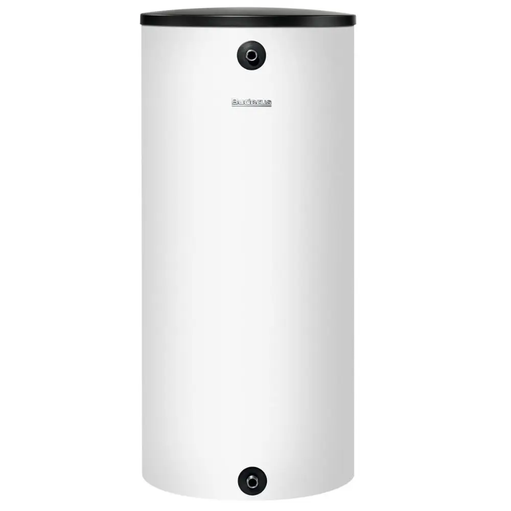 Weißer Pufferspeicher von Buderus mit runder Form und Anschlussöffnungen oben und unten. Geeignet für den Einsatz mit Wärmepumpen.