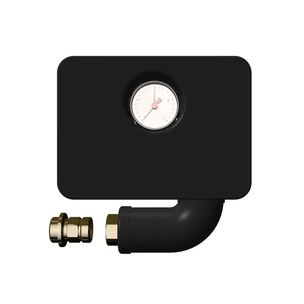 Buderus Sicherheitsset mit Druckmanometer und Anschlussstück. Farbe schwarz, Form rechteckig mit seitlichem Auslass.