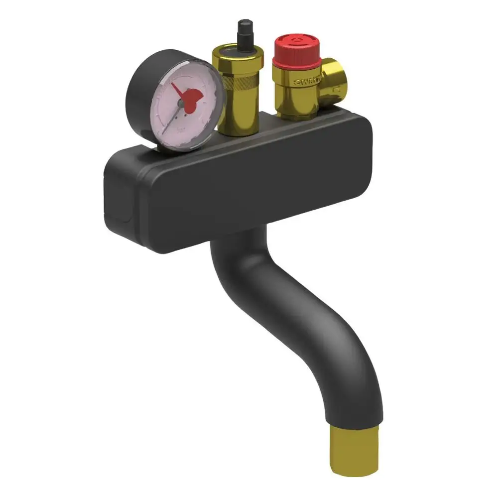 Kesselsicherheits-Set von Buderus mit Druckmanometer und Sicherheitseinrichtung, in schwarzem Gehäuse, zur Überwachung und Regelung des Drucks in Heizsystemen.