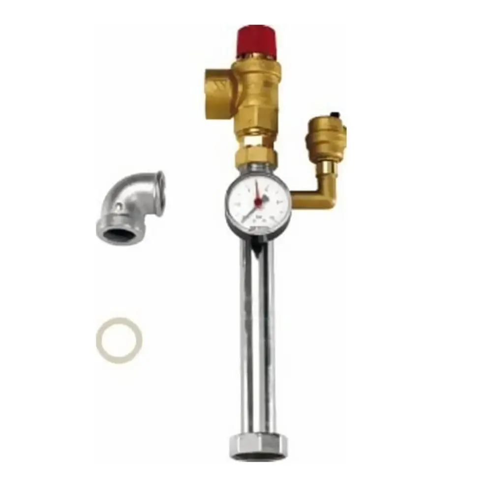 Sicherheitsgruppe mit Druckmanometer und Regelventil von Buderus, kombiniert mit einem geraden Rohr und einem Bogenstück. Klar sichtbar sind verschiedene Verbindungsstücke.