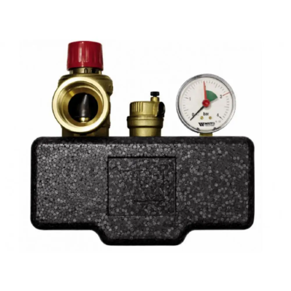 Buderus Sicherheitsset mit Druckregler und Manometer, geeignet für Heizungsanlagen. Metallteile in Messing und Kunststoffgehäuse.