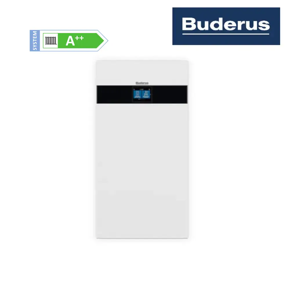Buderus Inneneinheit mit integriertem Pufferspeicher und digitalem Display. Energieeffizienz A++. Funkmodul MX300 sichtbar. Weiße Oberfläche, vertikale Anordnung.