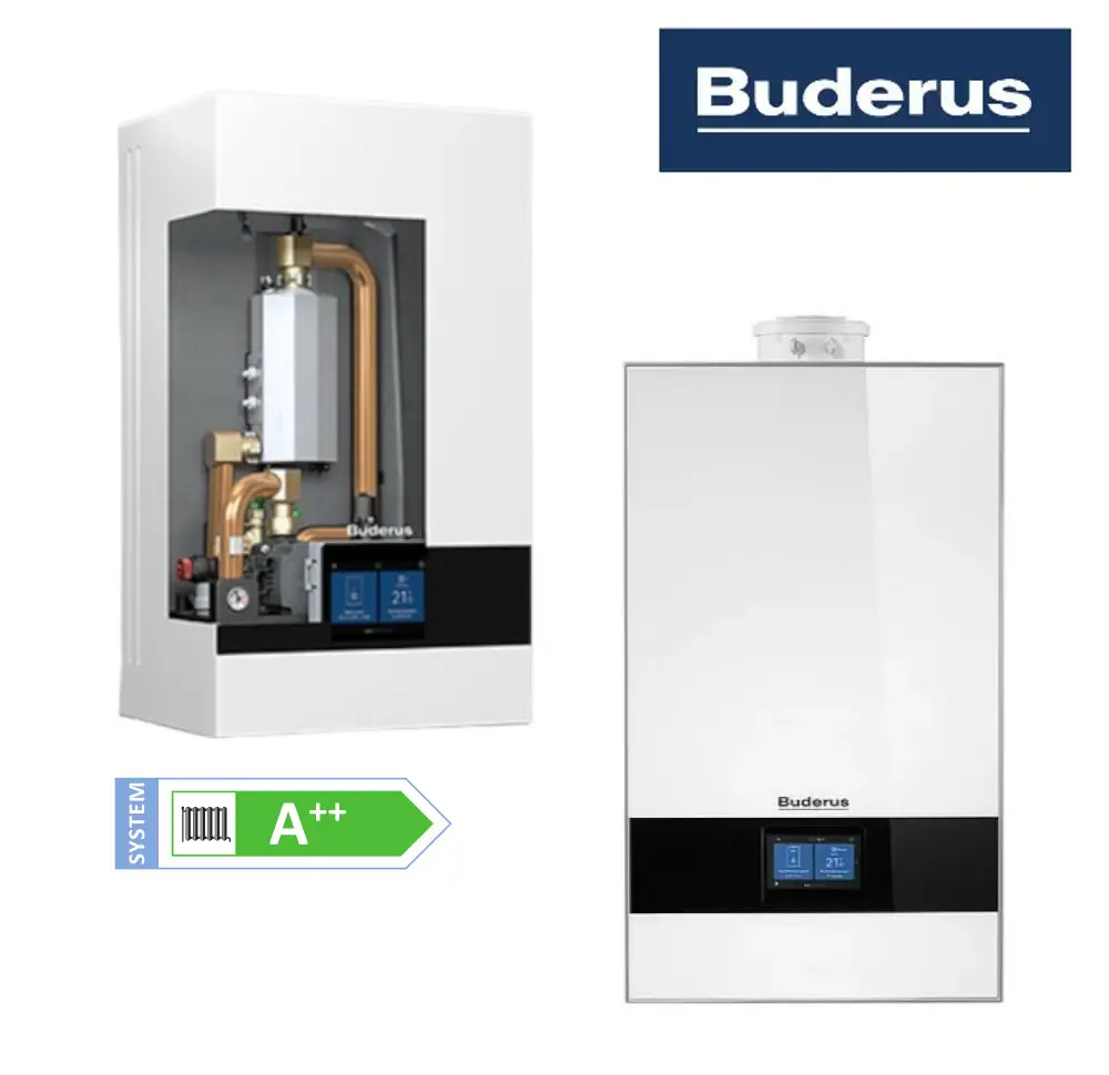 Weiße Buderus Heizungsanlage mit einer digitalen Steuerung und sichtbaren Rohren. Links ist das Innenmodul sichtbar, rechts die Außeneinheit. Energieeffizienzklasse A++.