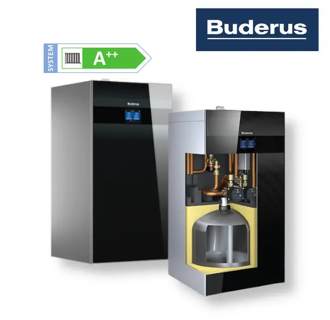 Zwei Buderus-Geräte in schwarzem und silbernem Design; das rechte zeigt eine Schnittansicht mit Innenrohren und Pufferspeicher. Energieeffizienzklasse A++.