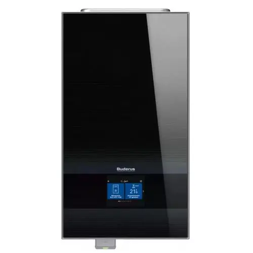 Schwarze Luft-Wasser-Wärmepumpe Buderus Logatherm WLW186i AR mit digitalem Display und modernem Design.