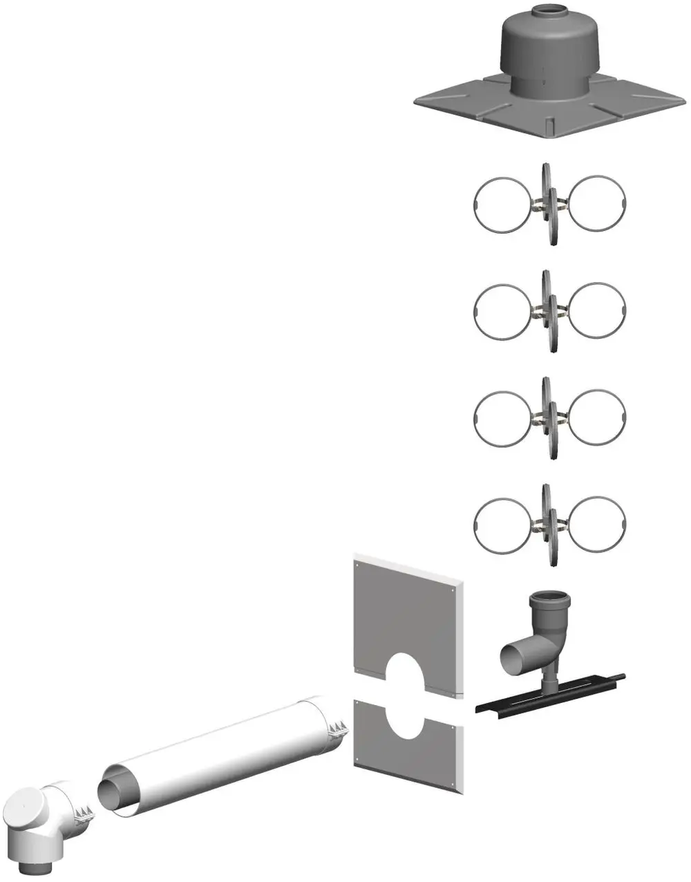 ATEC-Basis-Set zur Installation im Schacht, bestehend aus verschiedenen Komponenten wie Rohren, Verbindungselementen und Abdeckungen.