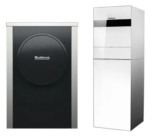 Zwei Modelle von Buderus Luft-Wasser-Waermepumpen, eines in Schwarz mit runder Front und das andere in Weiß mit glänzender Oberfläche, nebeneinander abgebildet.