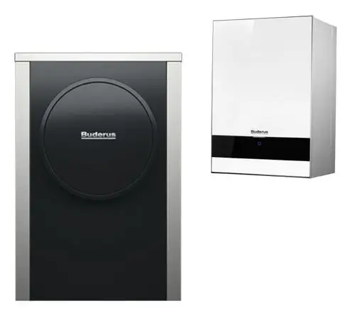 Zwei Buderus Waermepumpen: links ein monoblockartiges Modell in Schwarz und Silber, rechts ein wandmontiertes Modell in Weiß mit schwarzem unteren Bereich.