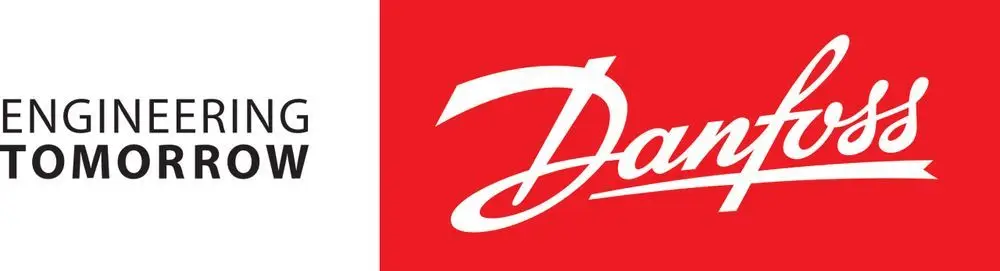 Weißer Thermostatkopf mit einem modernen Design auf rotem Hintergrund, beschriftet mit "Danfoss". Der Kopf hat eine Skala zur Temperatureinstellung und eine Nullabsperrung.