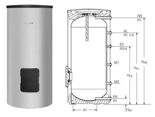 Schematische Darstellung eines Buderus Speichers mit Seitenansicht und technischen Abmessungen.