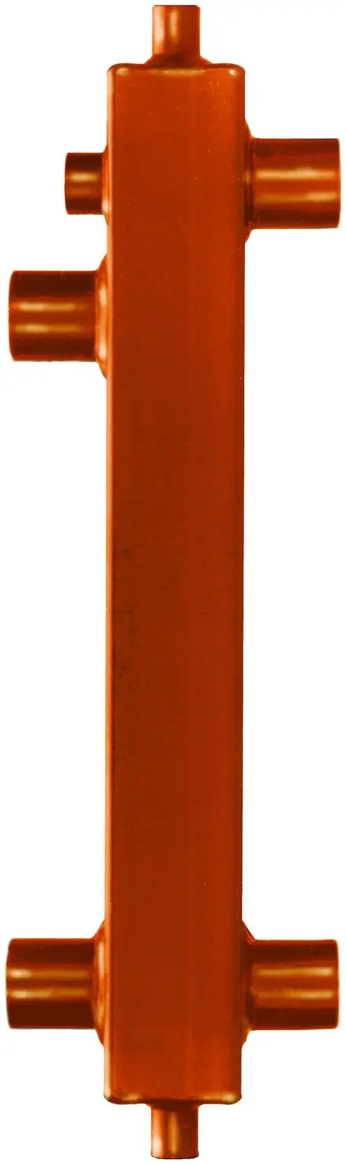 Magra Hydraulische Weiche mit mehreren Anschlussmuffen in orangefarbener Ausführung, mittlere Bauform für hydraulische Systeme.