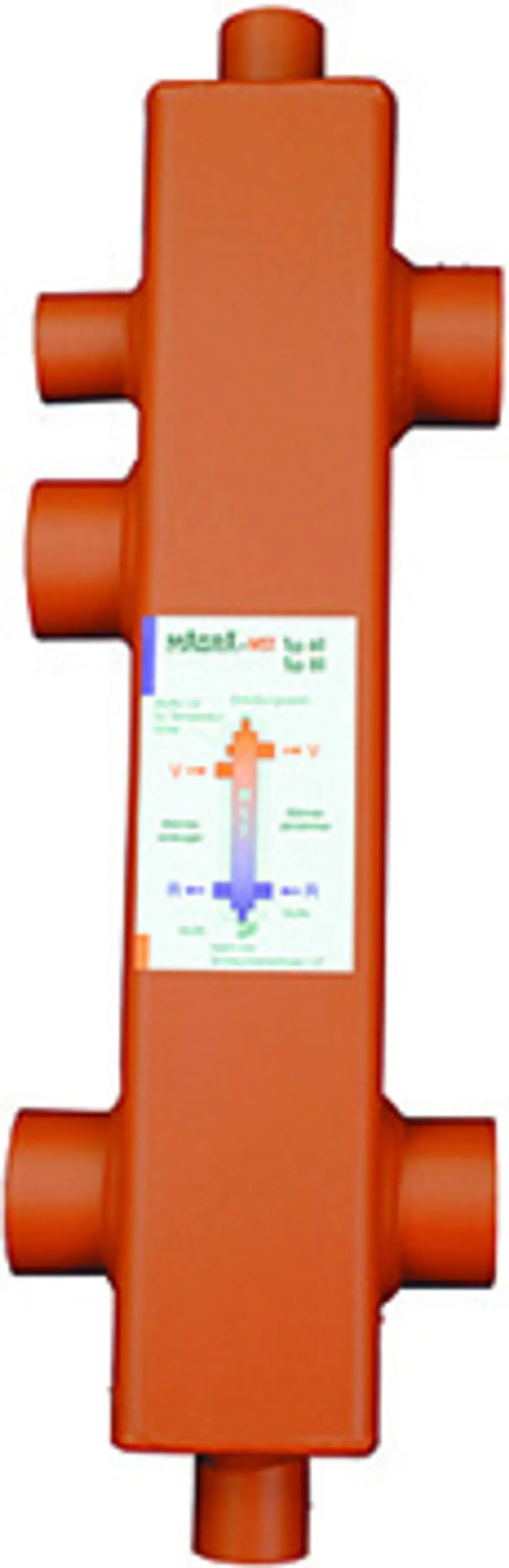 Rotes Heizungsbauteil mit mehreren Anschlüssen, gekennzeichnet mit Flussrichtung und technischen Informationen. Produkt von Magra.