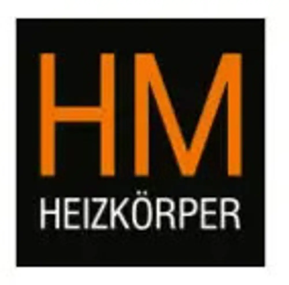 Logo von HM Heizkörper auf schwarzem Hintergrund. Enthält die Buchstaben "HM" in Orange und darunter den Schriftzug "HEIZKÖRPER" in Weiß.