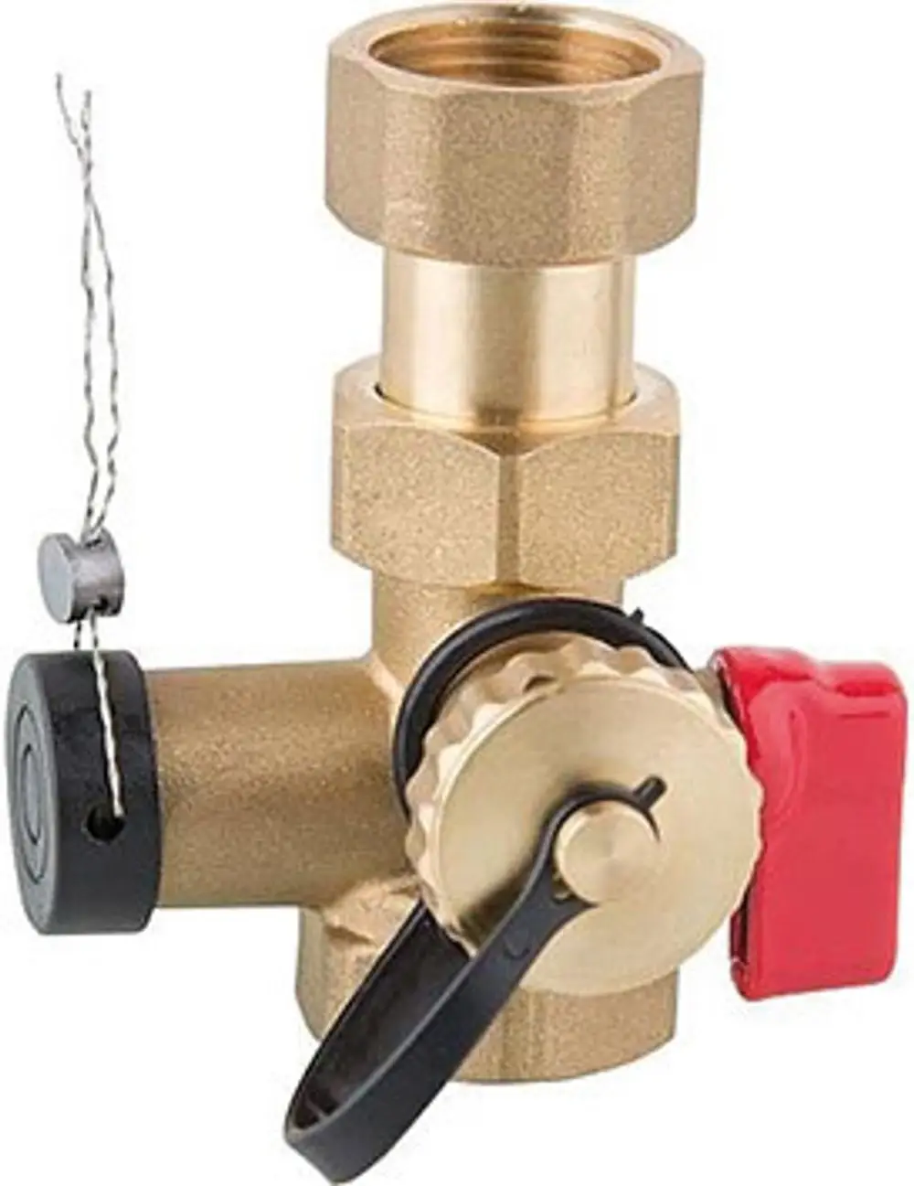 Messingventil mit seitlichem KFE-Hahn und Sicherung. Geeignet für Heizungsinstallationen, um den Wasserfluss zu regulieren und ein schnelles Trennen vom Rohrnetz zu ermöglichen.