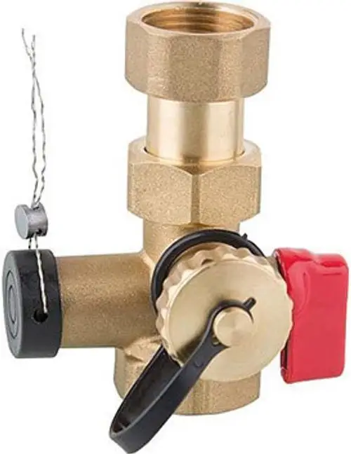 Messingventil mit seitlichem KFE-Hahn und Sicherung. Geeignet für Heizungsinstallationen, um den Wasserfluss zu regulieren und ein schnelles Trennen vom Rohrnetz zu ermöglichen.