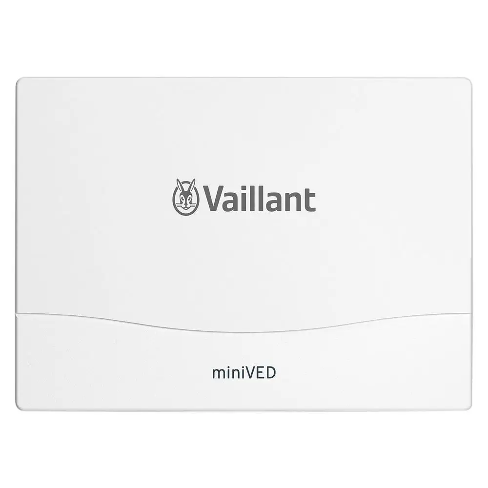 Weißes Gerät mit dem Logo von Vaillant, das eine glatte Oberfläche und eine geschwungene Linie auf der Vorderseite aufweist.