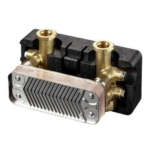 Wärmeübertrager der Marke Oventrop mit Anschlussarmatur, für die Nutzung in Heizsystemen. Aus Metall mit mehreren Anschlüssen, montierbar auf Untergrund.