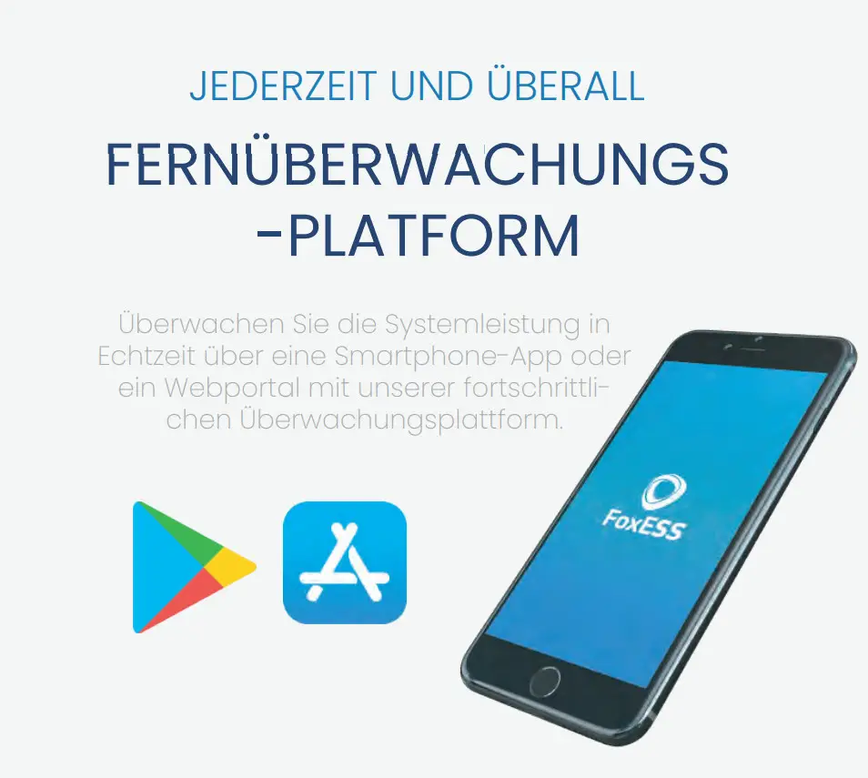Smartphone mit der Benutzeroberfläche der FoxESS Überwachungsplattform, die Echtzeit-Überwachung von Systemleistungen über eine App oder Webportal ermöglicht.