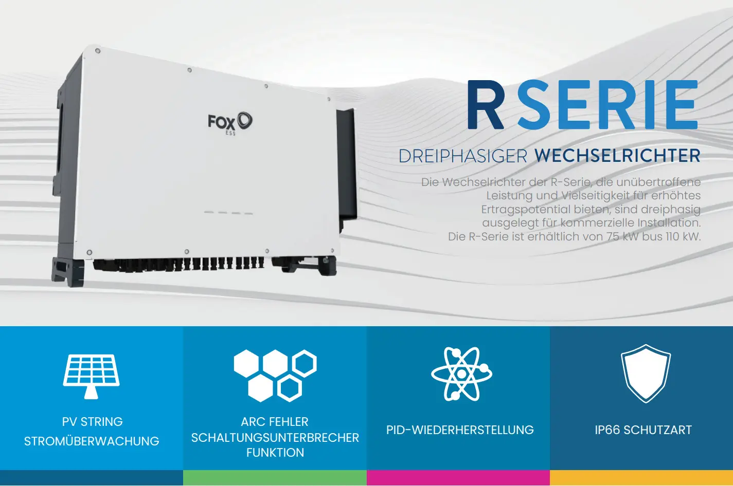 Weißer dreiphasiger Wechselrichter von FoxESS, dargestellt auf einem hellen Hintergrund. Enthält Symbole für PV-Überwachung, Schutzfunktionen und IP-Schutz.