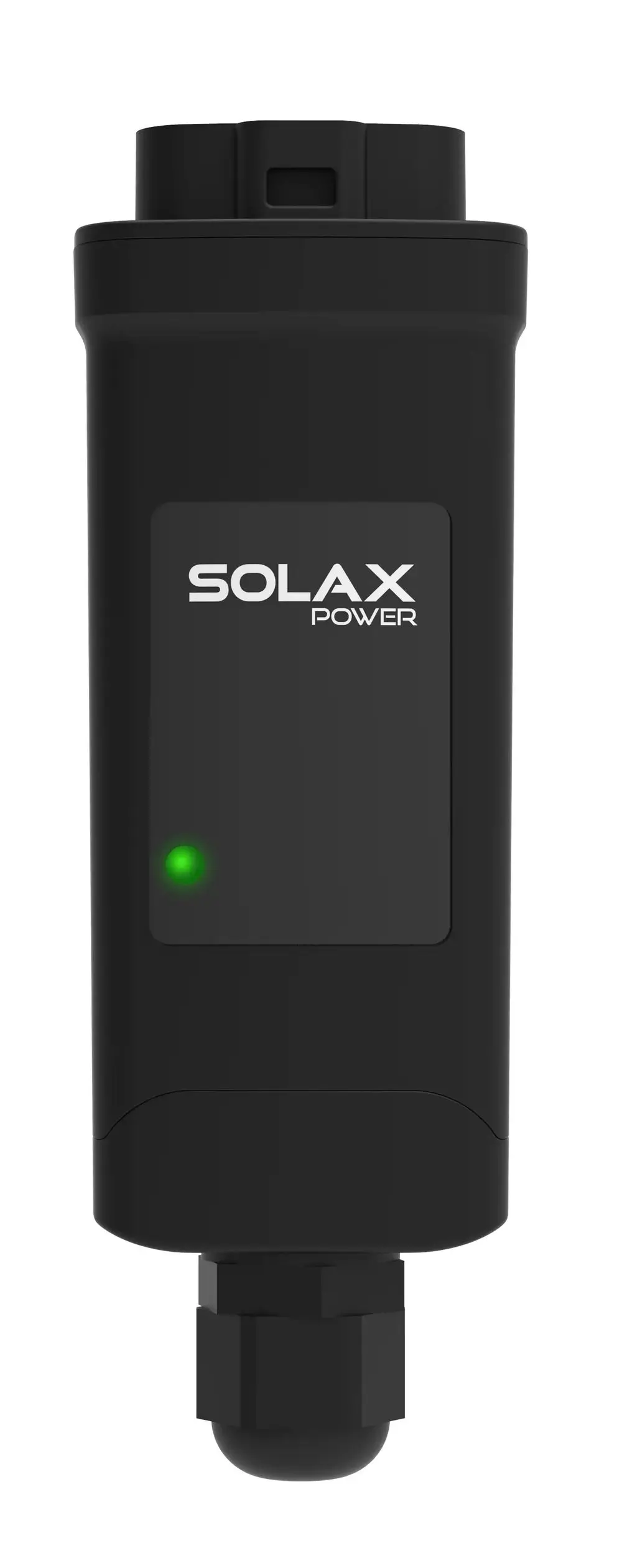 Schwarzes Gerät mit grüner LED von Solax. Oberseite mit Anschluss und seitlicher Verbindung. Funktion für LAN-Kommunikation im Zusammenhang mit Wechselrichtern.