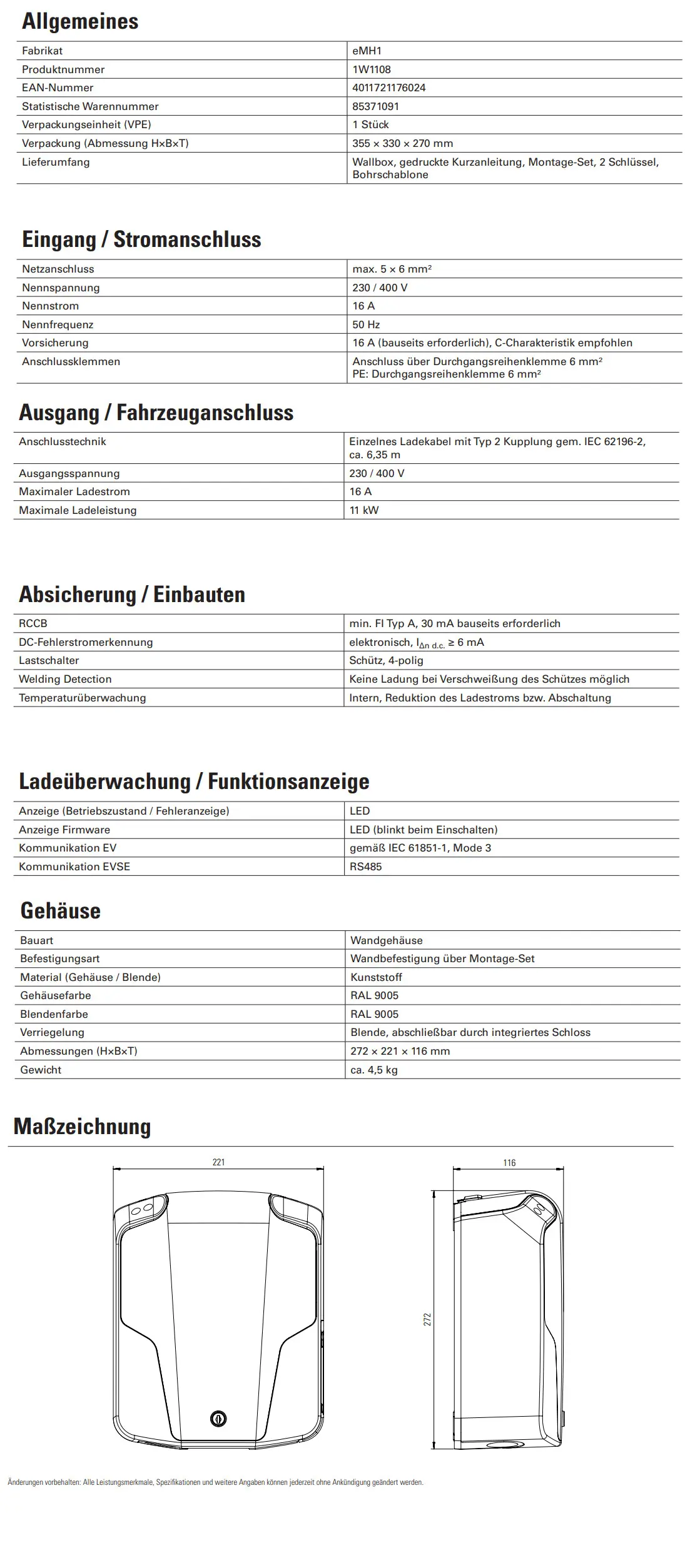 Wallbox von ABL mit Typ 2 Ladekabel, ausgestattet für 11 kW Ladeleistung, mit LED-Anzeige und Kunststoffgehäuse. Maße und technische Daten im Dokument angegeben.