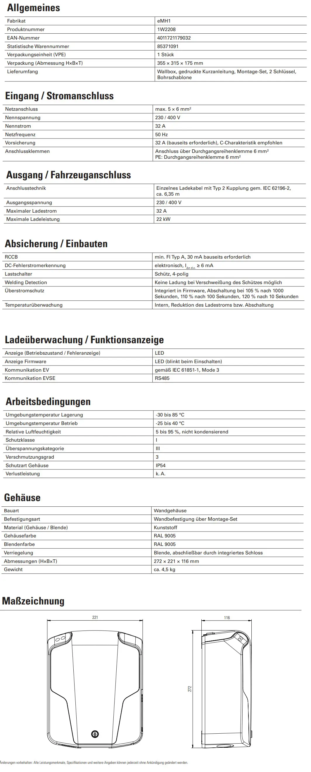 Wallbox von ABL für Elektrofahrzeuge mit Typ 2 Anschluss. Technische Spezifikationen, Sicherheitsmerkmale und Abmessungen sind auf dem Dokument aufgeführt.