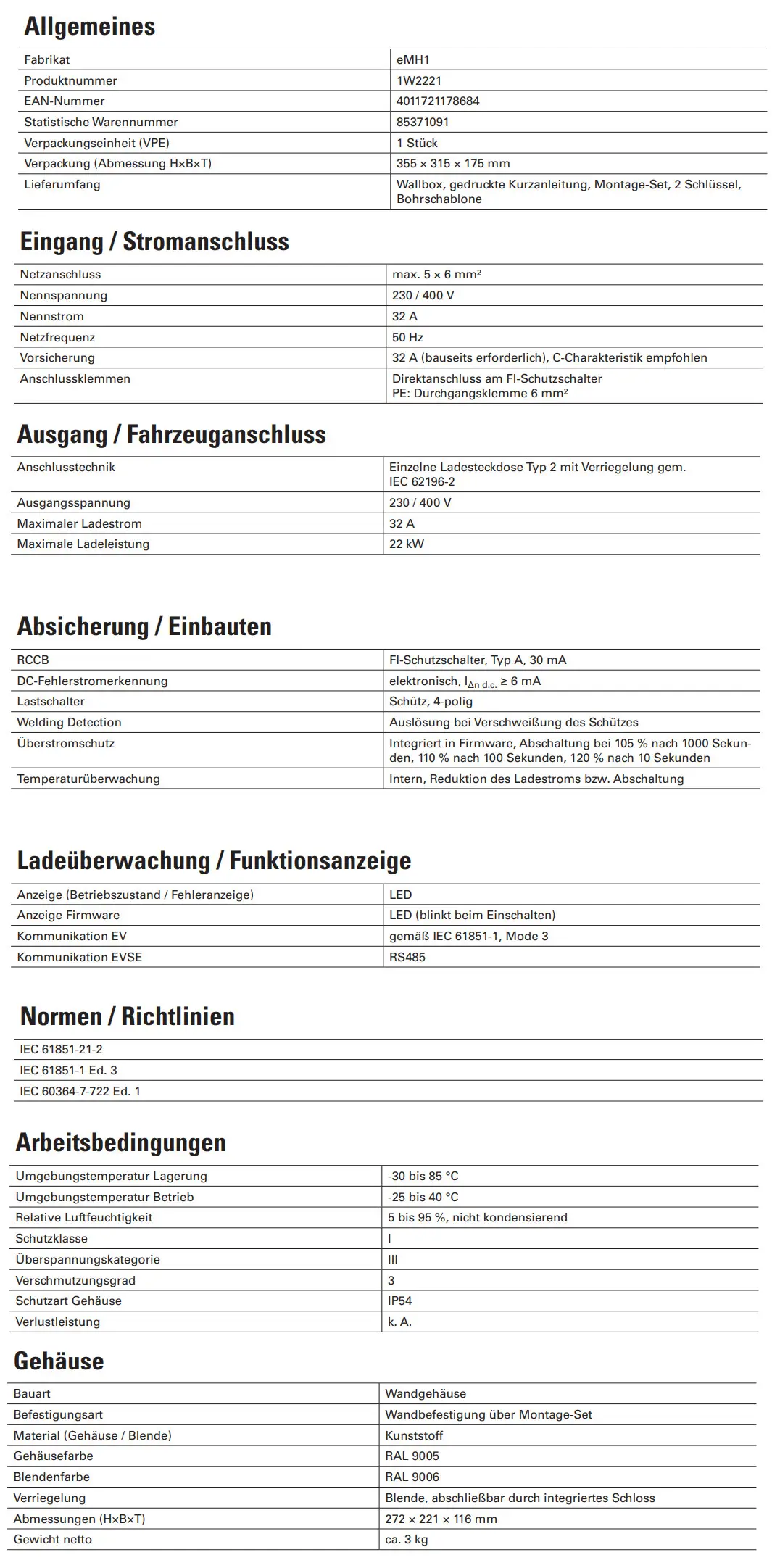Wallbox von ABL mit 22 kW, ausgestattet mit einer Ladesteckdose Typ 2. Technische Angaben zu Stromanschluss, Absicherung und Gehäuseinformationen sind enthalten.