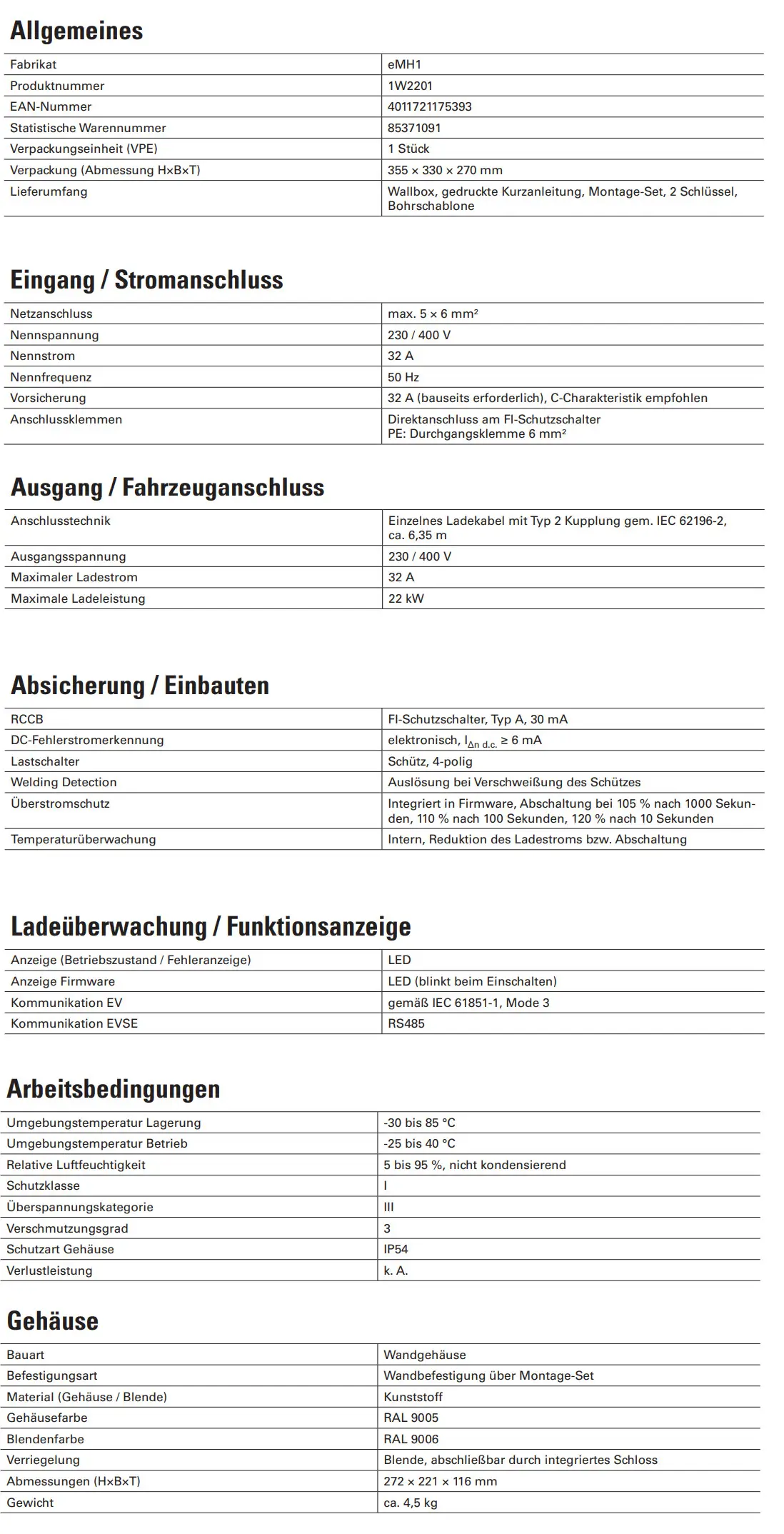 Wallbox von ABL für Elektrofahrzeuge, Typ 2 Ladekabel, 22 kW, 32 A, FI Typ A, geeignet für Wandmontage, IP54 Schutzklasse, Kunststoffgehäuse, mit integrierten Sicherheitsfunktionen.