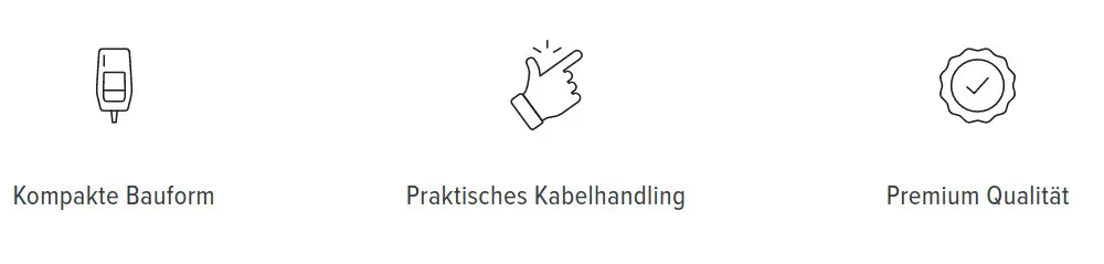 Mennekes Produktmerkmale: kompakte Bauform, praktisches Kabelhandling, Premium Qualität. Illustrationen zeigen verschiedene Anwendungsmöglichkeiten und Designaspekte.