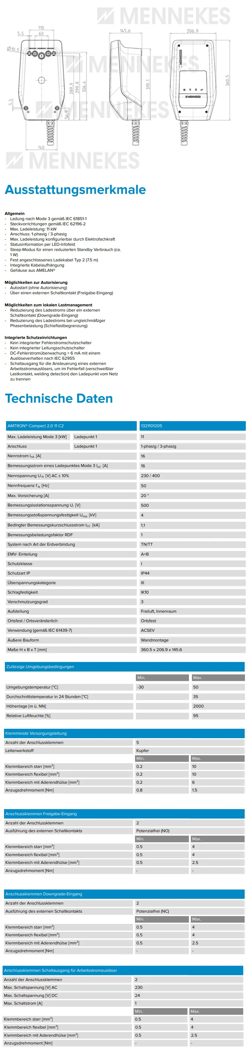 Mennekes Ladegerät mit verschiedenen technischen Daten zur Installation und Nutzung, einschließlich Anschlüssen und Sicherheitsmerkmalen für den Stromverbrauch.