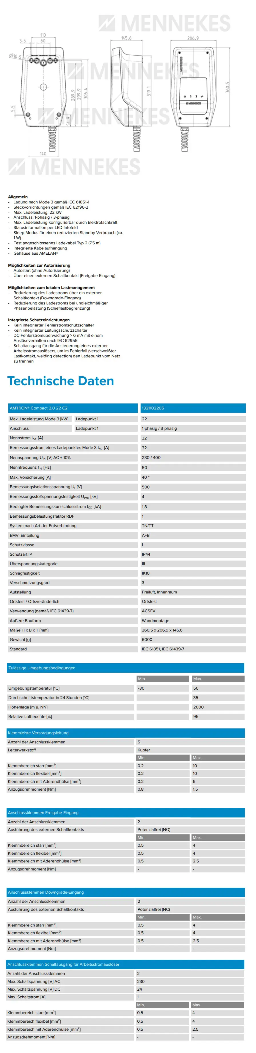 Mennekes-Ladestation mit mehreren Anschlüssen, technische Daten und Abmessungen. Enthält Informationen zu Schutzklasse, Temperaturbedingungen und Anschlussklemmen.