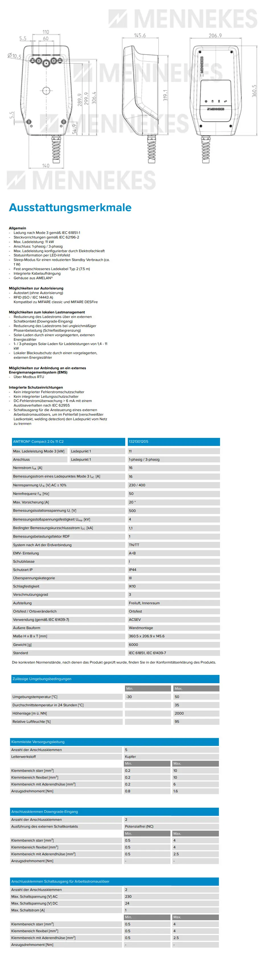 Mennekes-Ladeeinheit mit verschiedenen Anschlüssen, integrierten Sicherheitsfunktionen und Informationen zu technischen Spezifikationen und Umgebungsbedingungen.