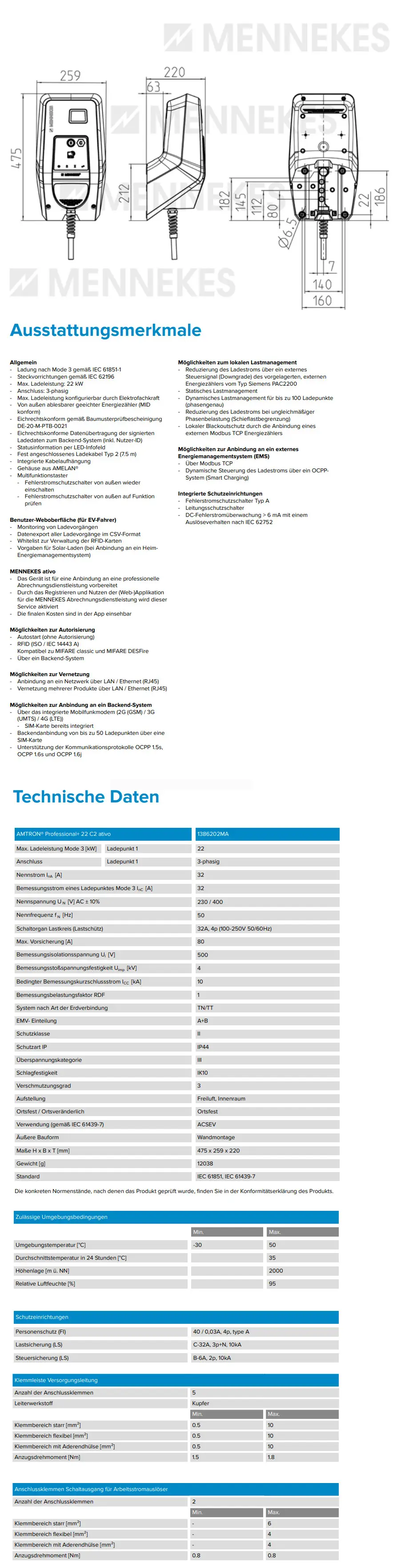 Mennekes Wallbox mit verschiedenen Anschlussmöglichkeiten, technischen Daten und Ausstattungsmerkmalen für die Elektromobilität, abgebildet in mehreren Ansichten.