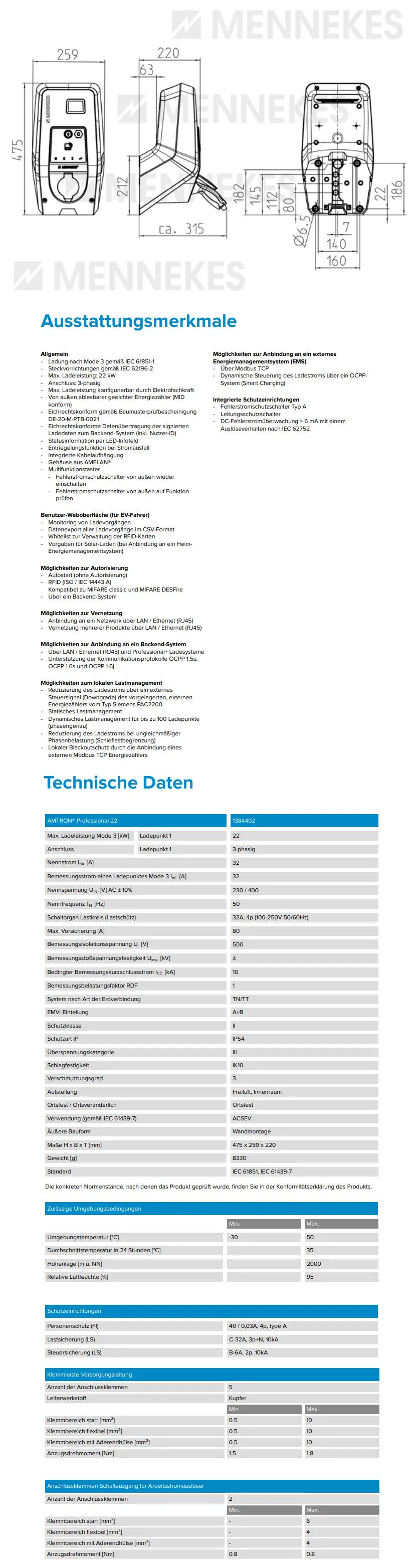 Mennekes Wallbox mit Anschlussmöglichkeiten für Ladevorgänge. Technische Daten mit Schutzmechanismen und Umgebungsbedingungen in tabellarischer Form.