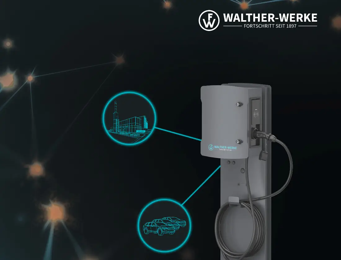 Wandladestation von Walther mit integrierter Ladedose und Kabel. Im Hintergrund schematische Darstellungen eines Gebäudes und eines Fahrzeugs.
