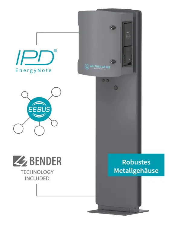 Ladesäule von Walther mit Robuste Metallgehäuse und integrierter BENDER-Technologie. Sie unterstützt EEBUS-Kommunikation und bietet IPD EnergyNote-Funktionalität.