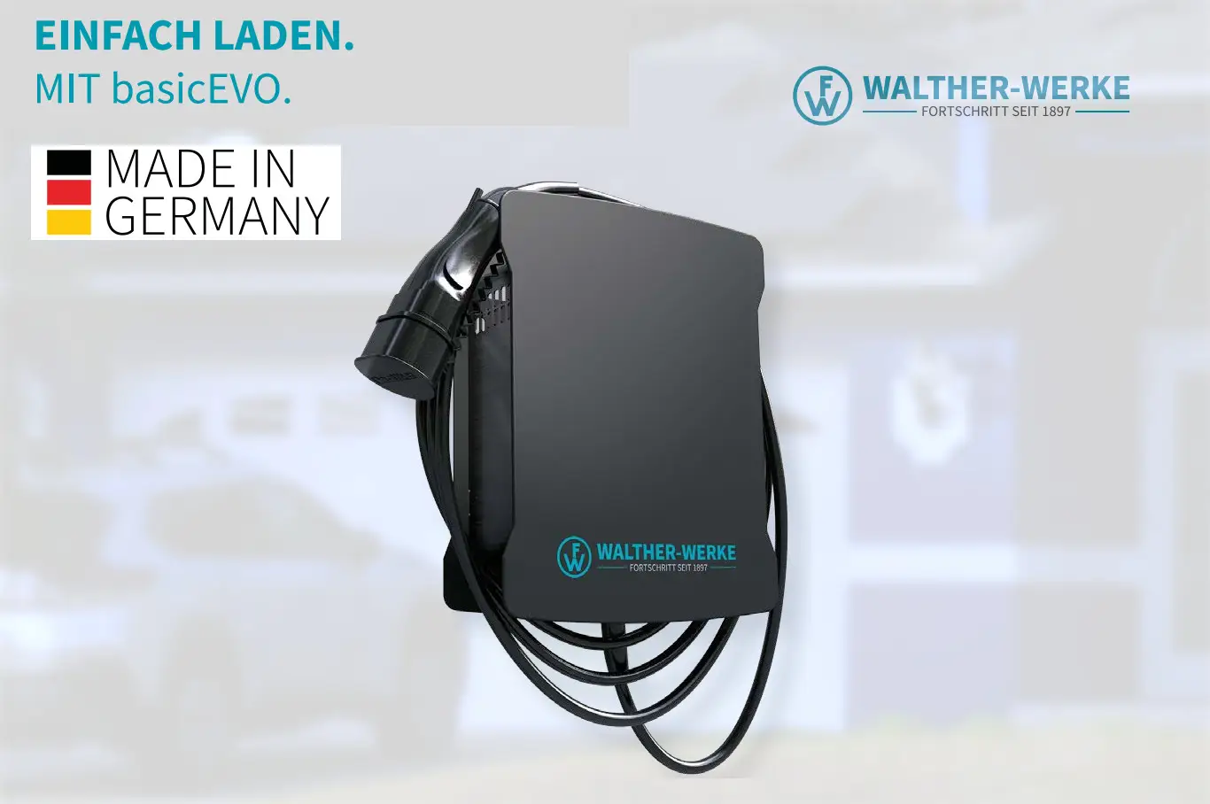 Wandmontierte Ladeeinheit von Walther mit Ladekupplung und Kabel für Elektroautos, auf hellen Hintergrund abgebildet. Made in Germany.