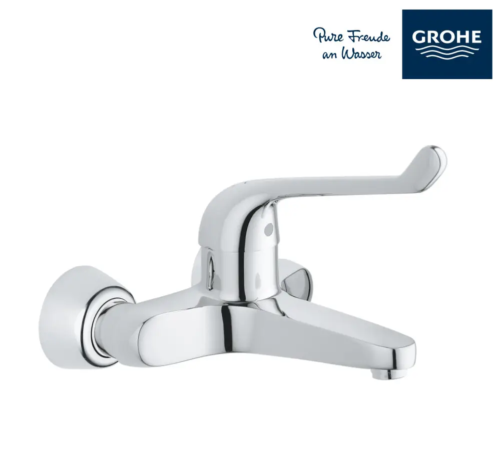 GROHE Waschtisch-Einhebelmischer in Chrom, für Wandmontage, mit einem verchromten Hebel und einem Auslauf.