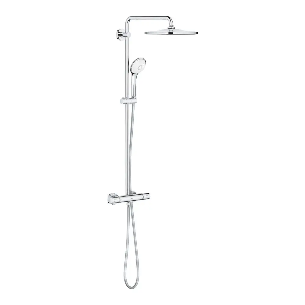 Grohe Duschsystem mit overhead Duschkopf und Handbrause, wandmontiert. Das System hat einen schlanken Chrom-Look und eine Temperaturregelung.