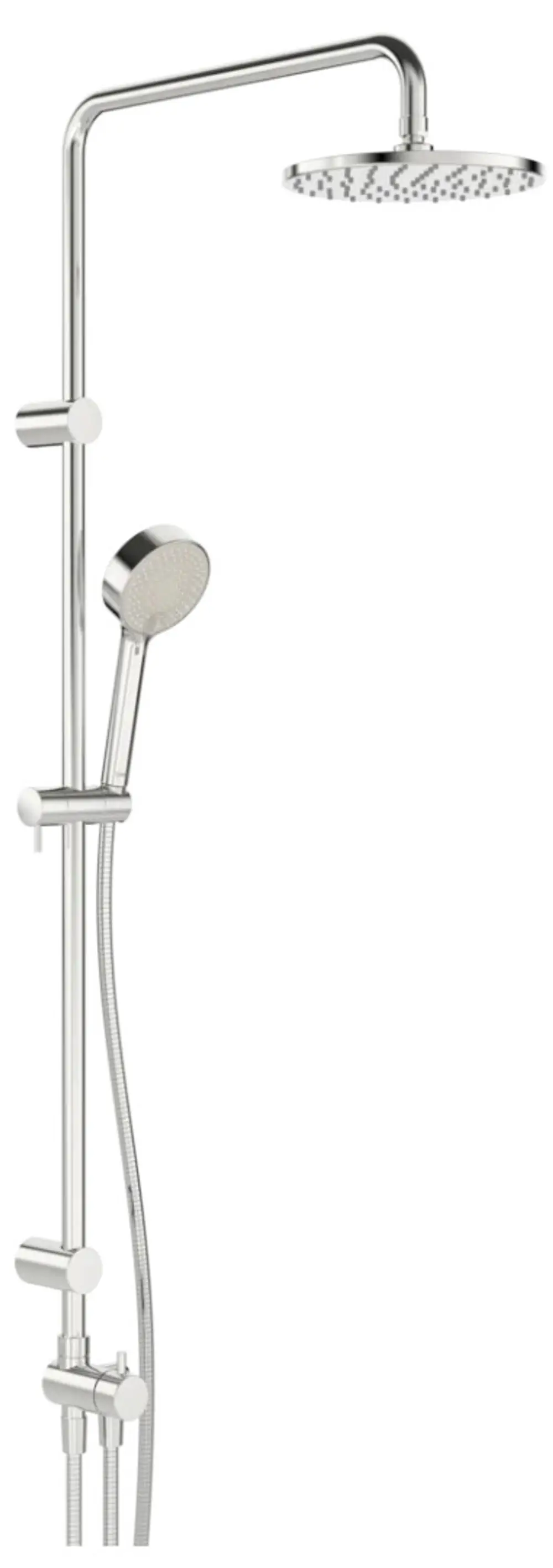 Duschsystem von HANSA mit Kopf- und Handbrause, verchromter Oberfläche und flexibler Schlauchverbindung. Integration für UP-/AP-Armaturen.