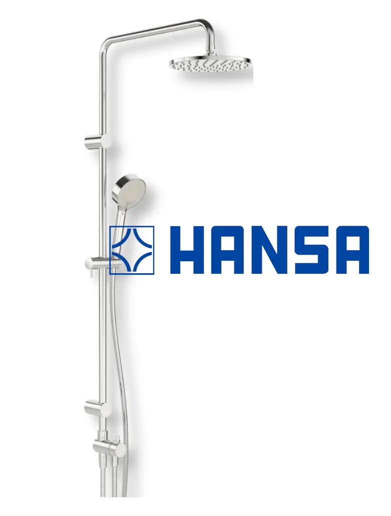 Duschsystem von HANSA mit Kopf- und Handbrause, montiert an senkrechtem Halter, verchromte Oberfläche, für die Verbindung an AP-/UP-Armaturen.