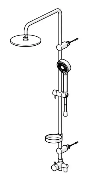 Duschsystem von HANSA mit Kopfbrause, Handbrause und einer Halterung. Verbindungselemente für die Montage an Wandarmaturen sind sichtbar.