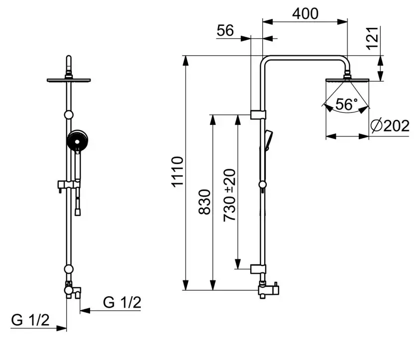 Duschsystem von HANSA mit verstellbarem Auslauf und Halterung. Zeichnung zeigt Maße und Anschlussdetails für Montage.
