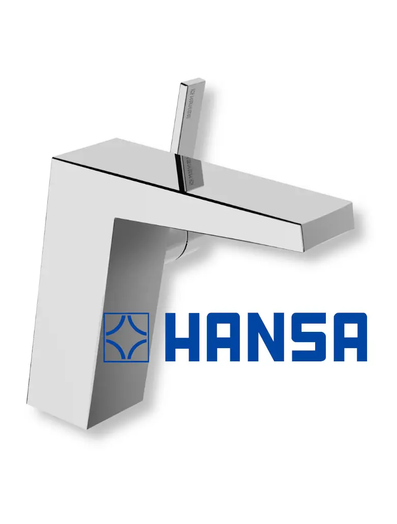 Chromierter Einhebelmischer der Marke HANSA, mit einem flachen, rechteckigen Design und einem Hebel zur Temperatur- und Mengeneinstellung.