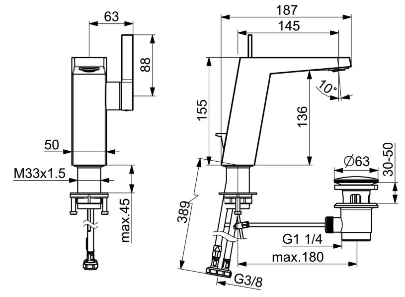 Einhebelmischer von HANSA mit Ablaufgarnitur, verchromt. Abmessungen und Anschlüsse im technischen Zeichnungsstil dargestellt, inklusive Installationsdetails.